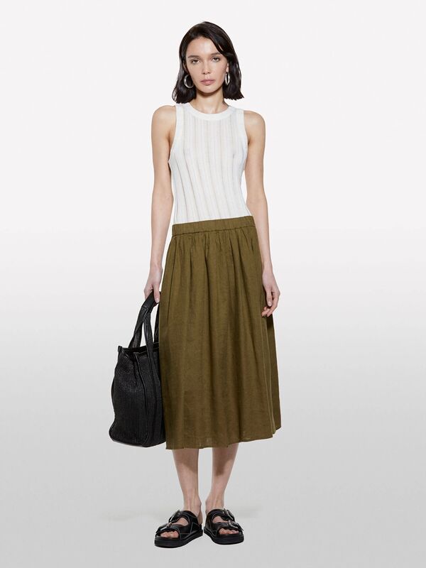 Sisley - %100 Keten Beli Lastikli Pileli Hafif Kloş Diz Boyu Etek Kadın Yeşil Etek - 325P4AGHL002T
