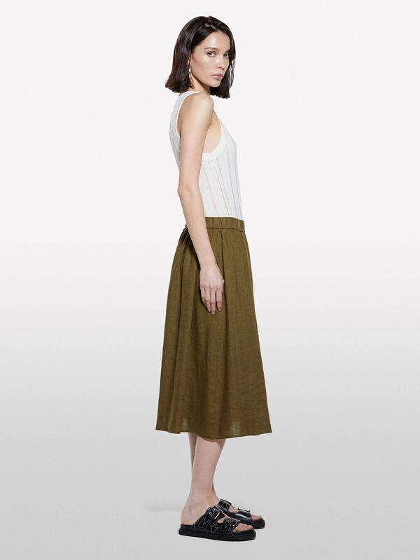 %100 Keten Beli Lastikli Pileli Hafif Kloş Diz Boyu Etek Kadın Yeşil Etek - 325P4AGHL002T