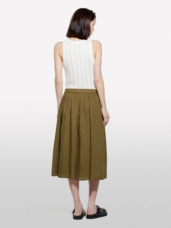 %100 Keten Beli Lastikli Pileli Hafif Kloş Diz Boyu Etek Kadın Yeşil Etek - 325P4AGHL002T