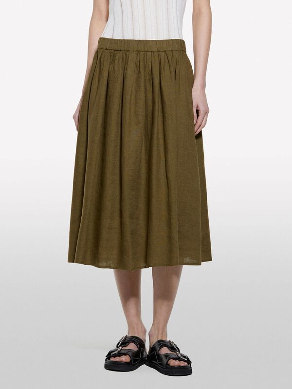 %100 Keten Beli Lastikli Pileli Hafif Kloş Diz Boyu Etek Kadın Yeşil Etek - 325P4AGHL002T