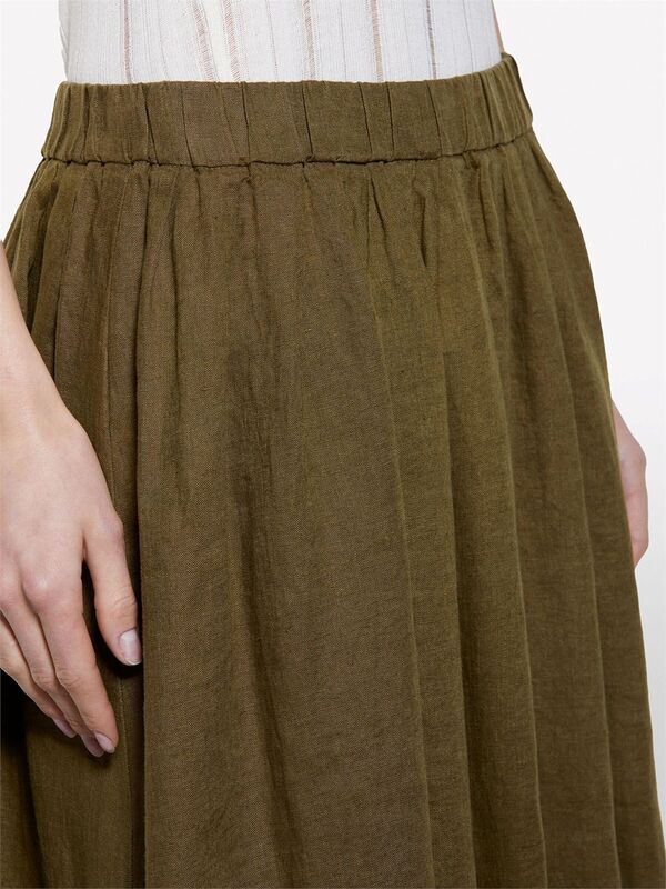 %100 Keten Beli Lastikli Pileli Hafif Kloş Diz Boyu Etek Kadın Yeşil Etek - 325P4AGHL002T