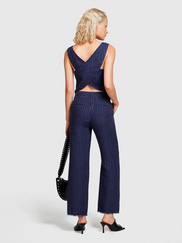 %100 Keten Çizgili Kare Yaka Askılı Bluz Kadın Haki Mix Bluz - 324P5NTHLH015