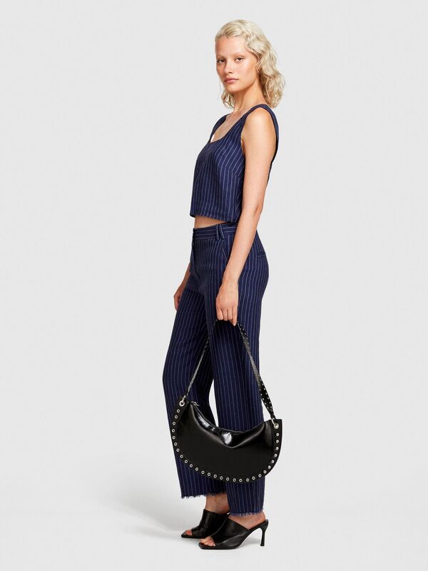 %100 Keten Çizgili Kare Yaka Askılı Bluz Kadın Haki Mix Bluz - 324P5NTHLH015