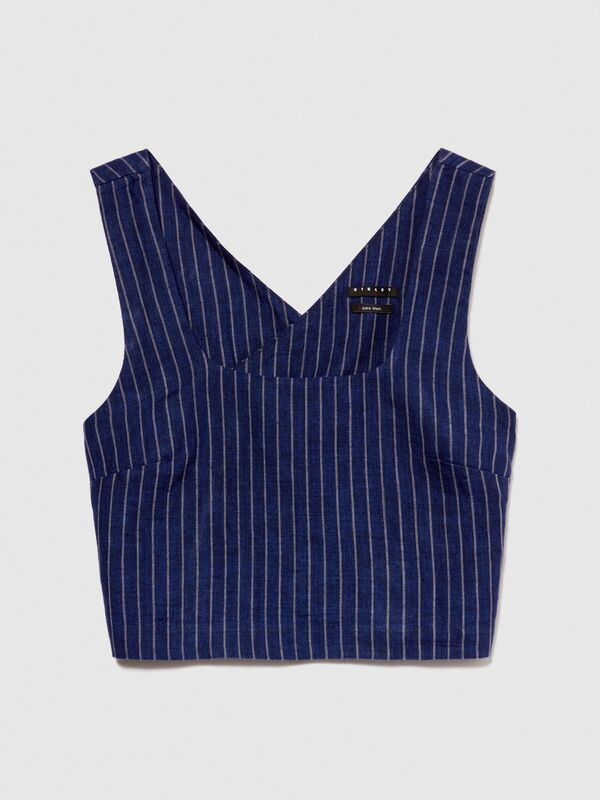 %100 Keten Çizgili Kare Yaka Askılı Bluz Kadın Haki Mix Bluz - 324P5NTHLH015