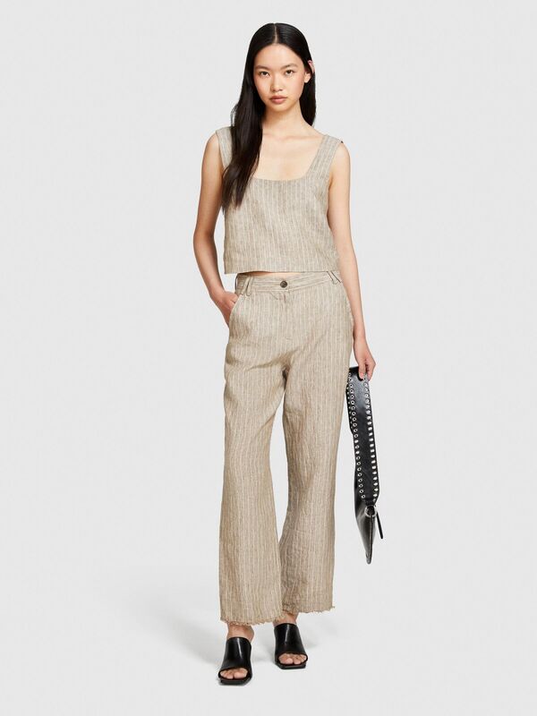 %100 Keten Çizgili Kare Yaka Askılı Bluz Kadın Siyah Mix Bluz - 324P5NTHLH015