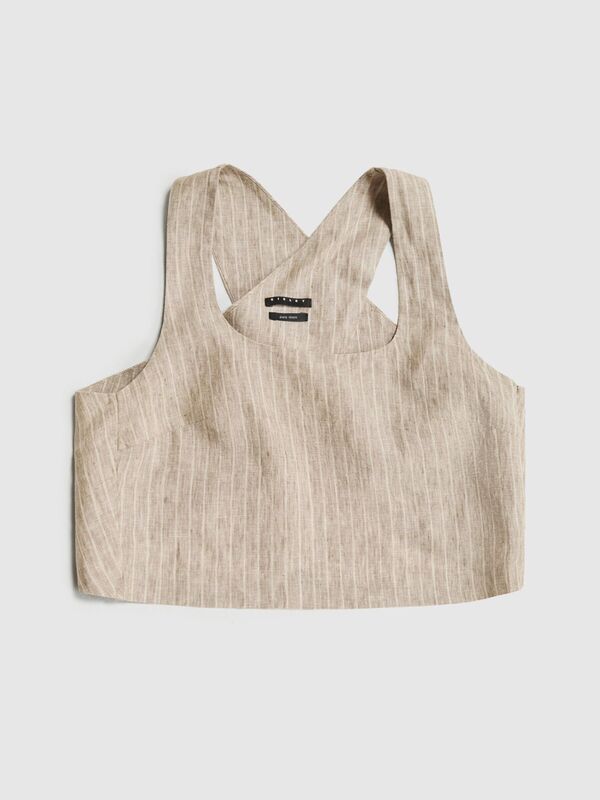 %100 Keten Çizgili Kare Yaka Askılı Bluz Kadın Siyah Mix Bluz - 324P5NTHLH015