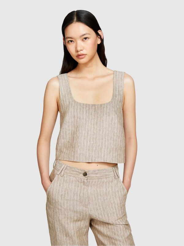 %100 Keten Çizgili Kare Yaka Askılı Bluz Kadın Siyah Mix Bluz - 324P5NTHLH015