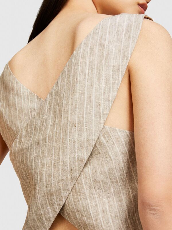 %100 Keten Çizgili Kare Yaka Askılı Bluz Kadın Siyah Mix Bluz - 324P5NTHLH015