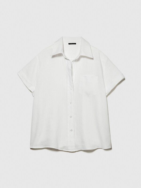 %100 Keten Düğmeli Göğüs Cepli Kısa Kollu Gömlek Kadın Beyaz Gömlek - 324P5BMLLQ042