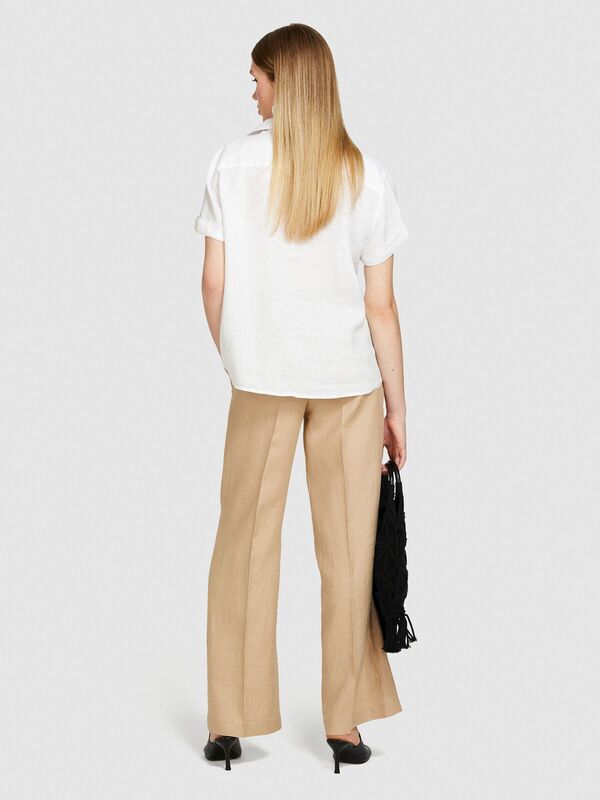 %100 Keten Düğmeli Göğüs Cepli Kısa Kollu Gömlek Kadın Beyaz Gömlek - 324P5BMLLQ042