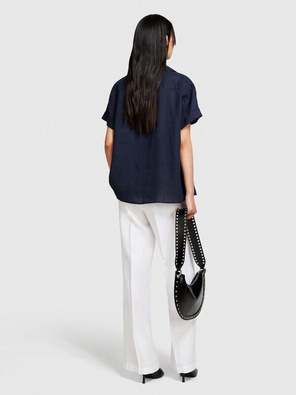 %100 Keten Düğmeli Göğüs Cepli Kısa Kollu Gömlek Kadın Lacivert Gömlek - 324P5BMLLQ042