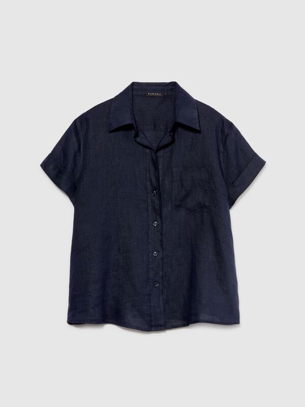 %100 Keten Düğmeli Göğüs Cepli Kısa Kollu Gömlek Kadın Lacivert Gömlek - 324P5BMLLQ042