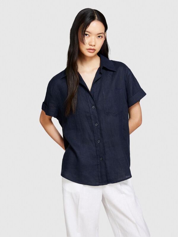 %100 Keten Düğmeli Göğüs Cepli Kısa Kollu Gömlek Kadın Lacivert Gömlek - 324P5BMLLQ042
