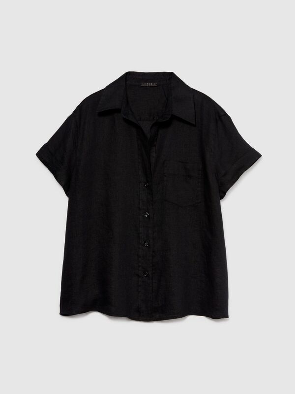 %100 Keten Düğmeli Göğüs Cepli Kısa Kollu Gömlek Kadın Siyah Gömlek - 324P5BMLLQ042