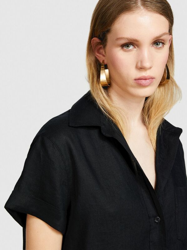 %100 Keten Düğmeli Göğüs Cepli Kısa Kollu Gömlek Kadın Siyah Gömlek - 324P5BMLLQ042