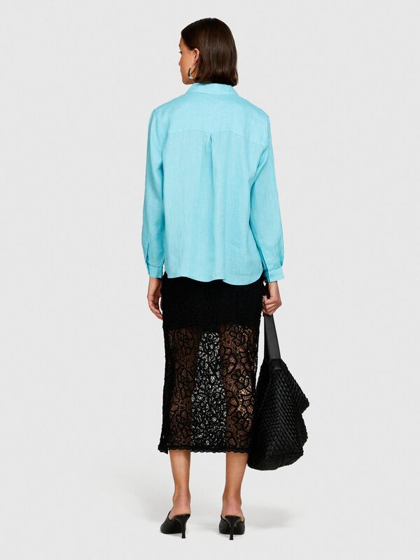 %100 Keten Düğmeli Göğüs Cepli Uzun Kollu Gömlek Kadın 2B0 Gömlek - 324P5BMLLQ06S