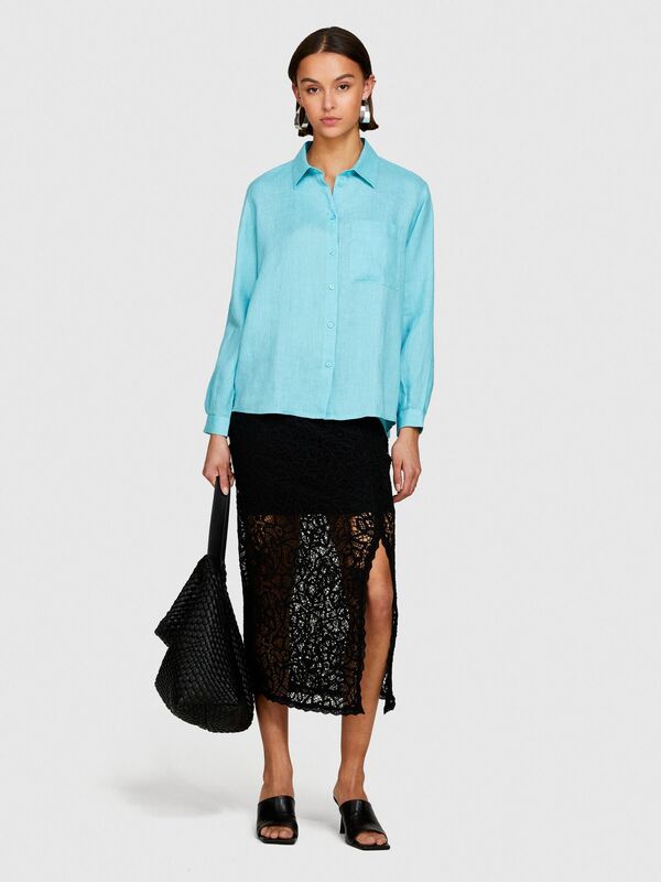 %100 Keten Düğmeli Göğüs Cepli Uzun Kollu Gömlek Kadın 2B0 Gömlek - 324P5BMLLQ06S