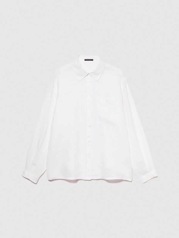 %100 Keten Düğmeli Göğüs Cepli Uzun Kollu Gömlek Kadın Beyaz Gömlek - 324P5BMLLQ06S