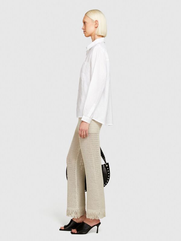 %100 Keten Düğmeli Göğüs Cepli Uzun Kollu Gömlek Kadın Beyaz Gömlek - 324P5BMLLQ06S