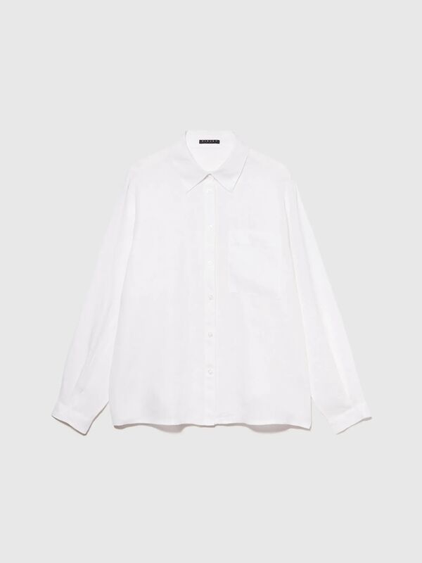 %100 Keten Düğmeli Göğüs Cepli Uzun Kollu Gömlek Kadın Beyaz Gömlek - 325P5BMLLQ06S