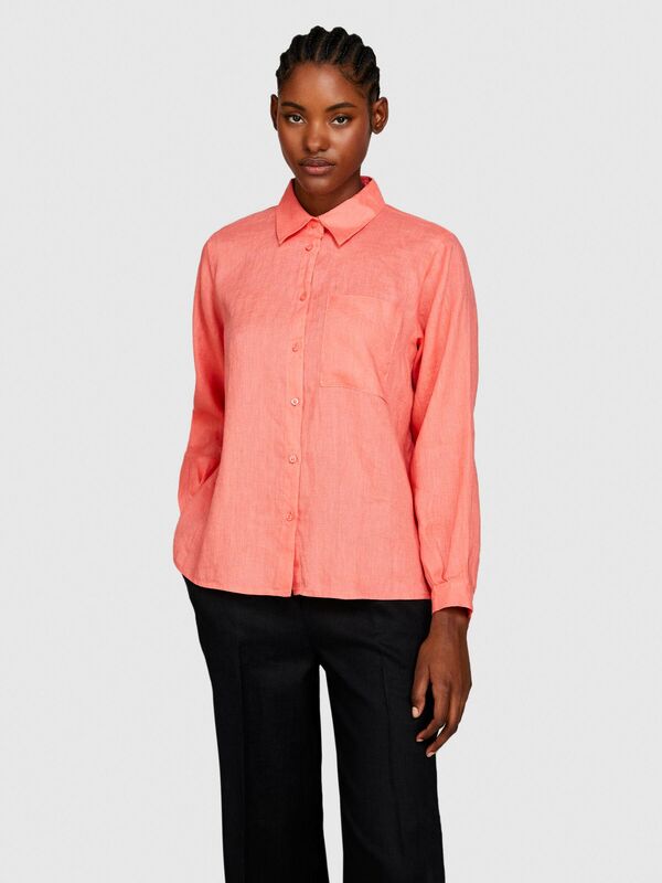 %100 Keten Düğmeli Göğüs Cepli Uzun Kollu Gömlek Kadın Düzenlenecek Gömlek - 324P5BMLLQ06S