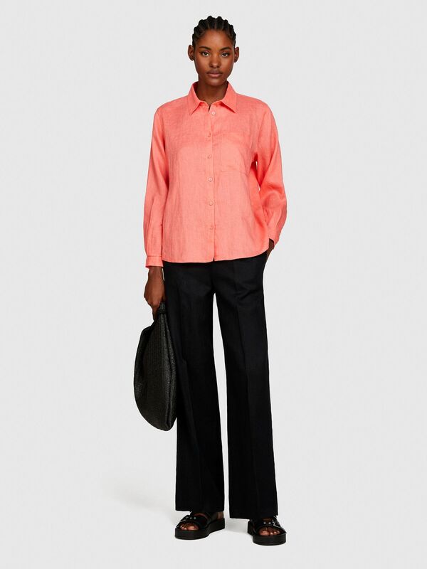 %100 Keten Düğmeli Göğüs Cepli Uzun Kollu Gömlek Kadın Düzenlenecek Gömlek - 324P5BMLLQ06S