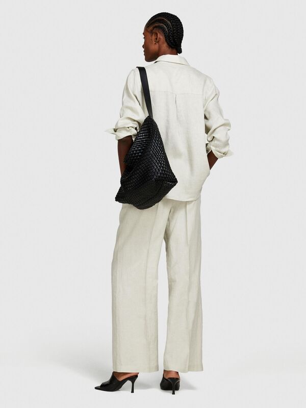 %100 Keten Düğmeli Göğüs Cepli Uzun Kollu Gömlek Kadın Gri Gömlek - 324P5BMLLQ06S