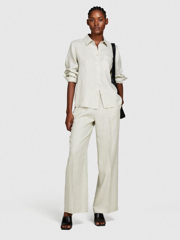 %100 Keten Düğmeli Göğüs Cepli Uzun Kollu Gömlek Kadın Gri Gömlek - 324P5BMLLQ06S