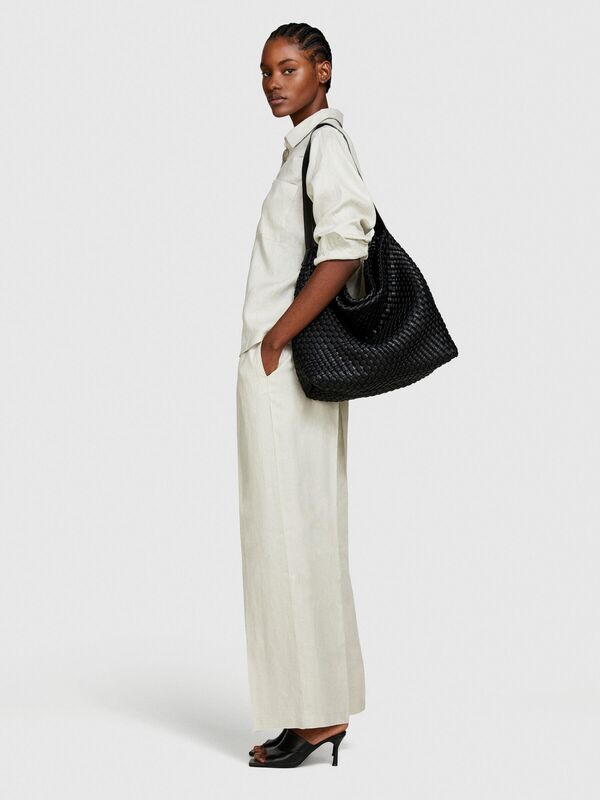 %100 Keten Düğmeli Göğüs Cepli Uzun Kollu Gömlek Kadın Gri Gömlek - 324P5BMLLQ06S