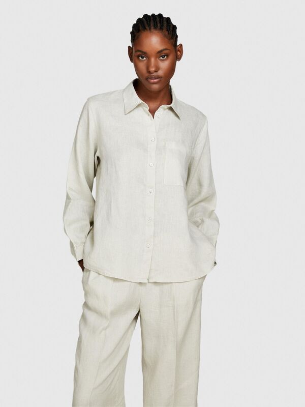 %100 Keten Düğmeli Göğüs Cepli Uzun Kollu Gömlek Kadın Gri Gömlek - 324P5BMLLQ06S