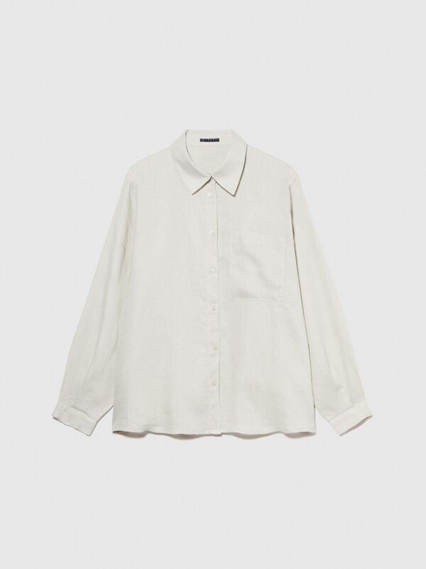 %100 Keten Düğmeli Göğüs Cepli Uzun Kollu Gömlek Kadın Bej Gömlek - 324P5BMLLQ06S