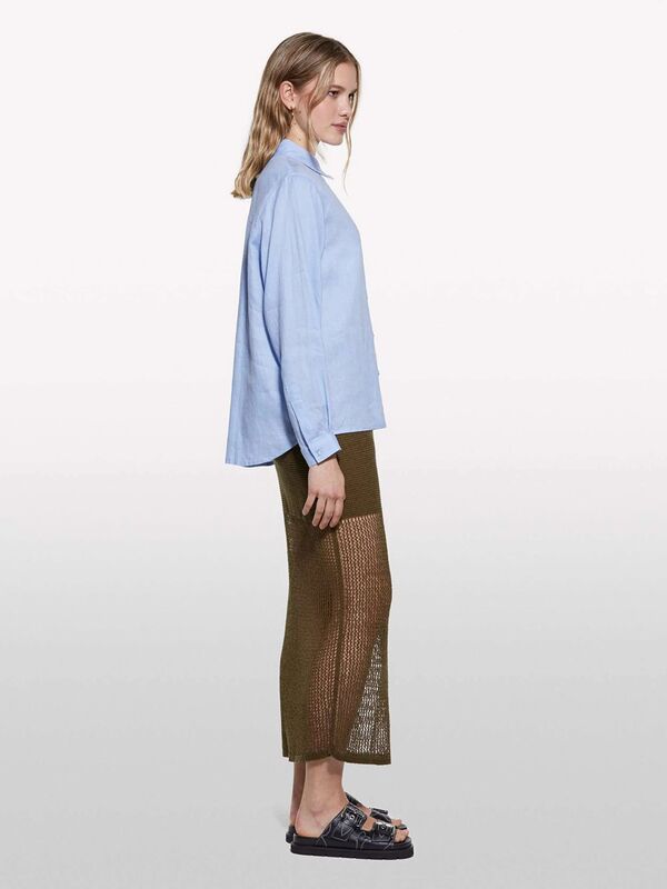 %100 Keten Düğmeli Göğüs Cepli Uzun Kollu Gömlek Kadın Mavi Gömlek - 325P5BMLLQ06S