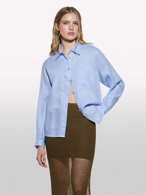 %100 Keten Düğmeli Göğüs Cepli Uzun Kollu Gömlek Kadın Mavi Gömlek - 325P5BMLLQ06S