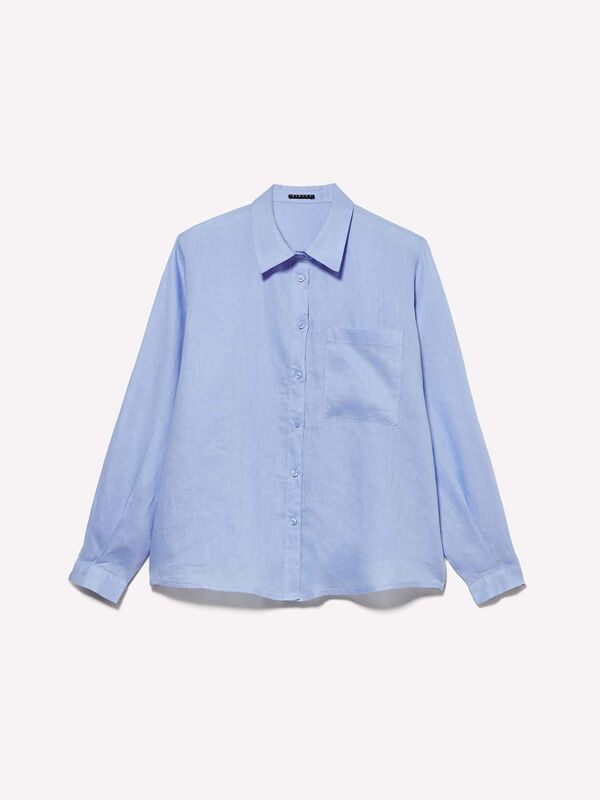 %100 Keten Düğmeli Göğüs Cepli Uzun Kollu Gömlek Kadın Mavi Gömlek - 325P5BMLLQ06S