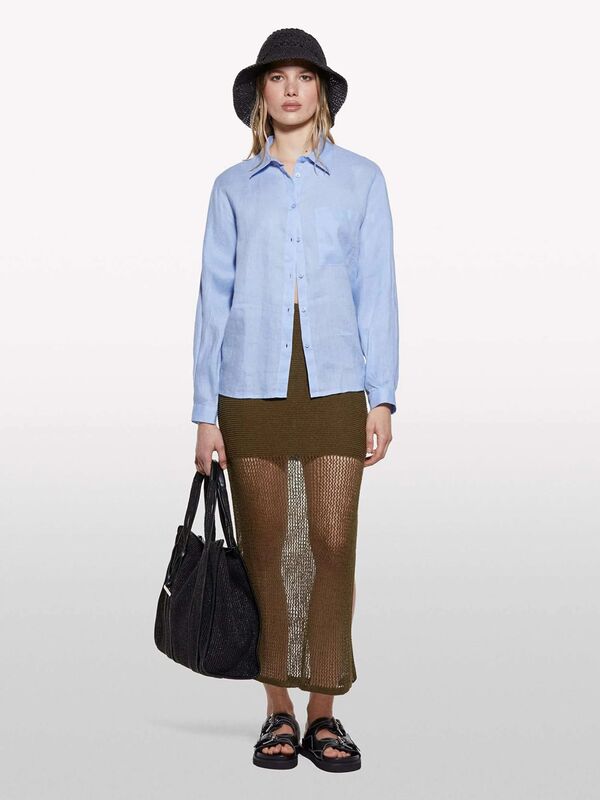 Sisley - %100 Keten Düğmeli Göğüs Cepli Uzun Kollu Gömlek Kadın Mavi Gömlek - 325P5BMLLQ06S