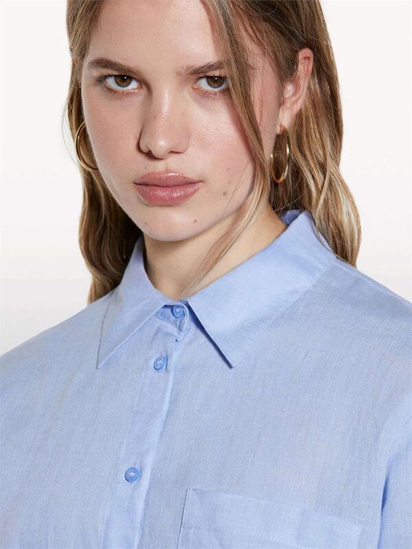 %100 Keten Düğmeli Göğüs Cepli Uzun Kollu Gömlek Kadın Mavi Gömlek - 325P5BMLLQ06S