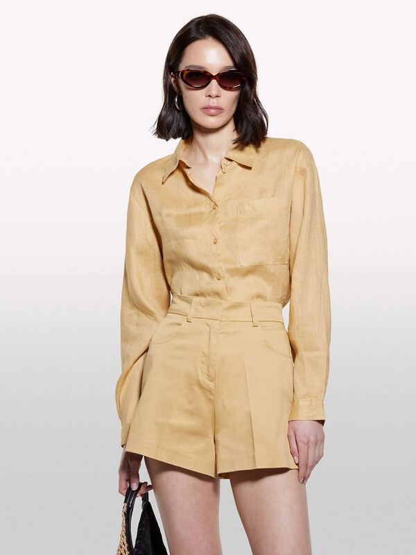 %100 Keten Düğmeli Göğüs Cepli Uzun Kollu Gömlek Kadın Sarı Gömlek - 325P5BMLLQ06S