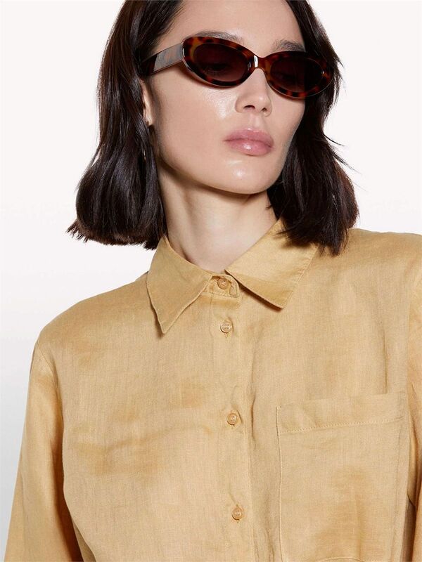 %100 Keten Düğmeli Göğüs Cepli Uzun Kollu Gömlek Kadın Sarı Gömlek - 325P5BMLLQ06S