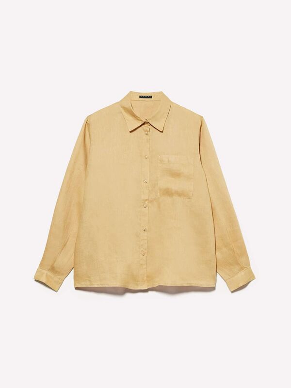 %100 Keten Düğmeli Göğüs Cepli Uzun Kollu Gömlek Kadın Sarı Gömlek - 325P5BMLLQ06S