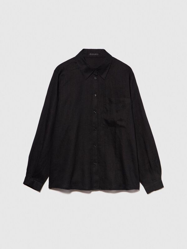 %100 Keten Düğmeli Göğüs Cepli Uzun Kollu Gömlek Kadın Siyah Gömlek - 324P5BMLLQ06S