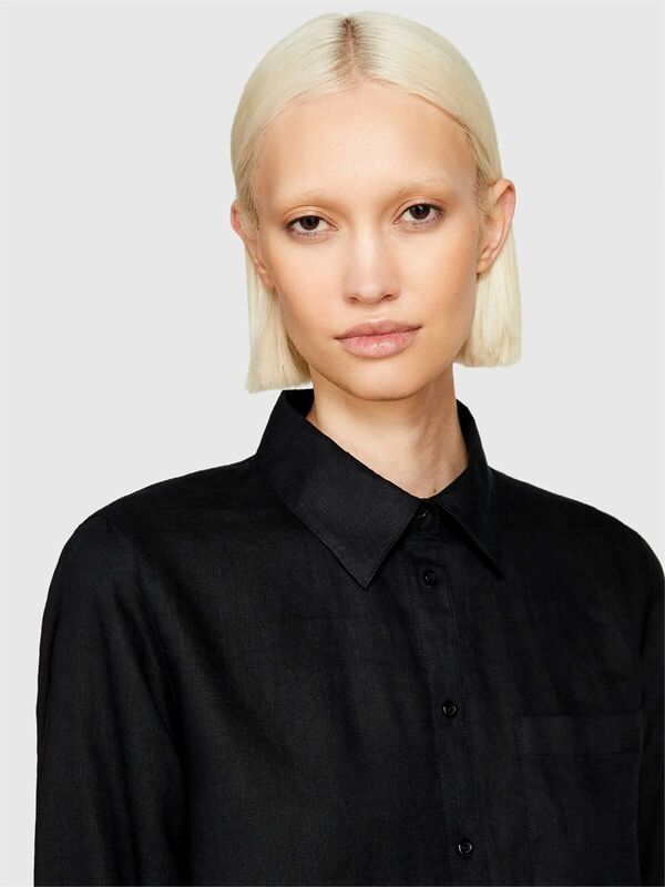 %100 Keten Düğmeli Göğüs Cepli Uzun Kollu Gömlek Kadın Siyah Gömlek - 325P5BMLLQ06S