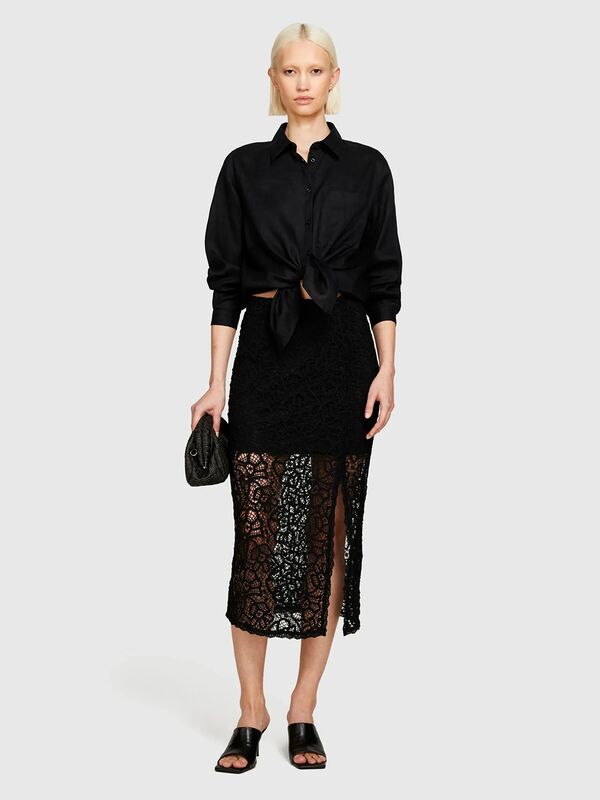 Sisley - %100 Keten Düğmeli Göğüs Cepli Uzun Kollu Gömlek Kadın Siyah Gömlek - 325P5BMLLQ06S