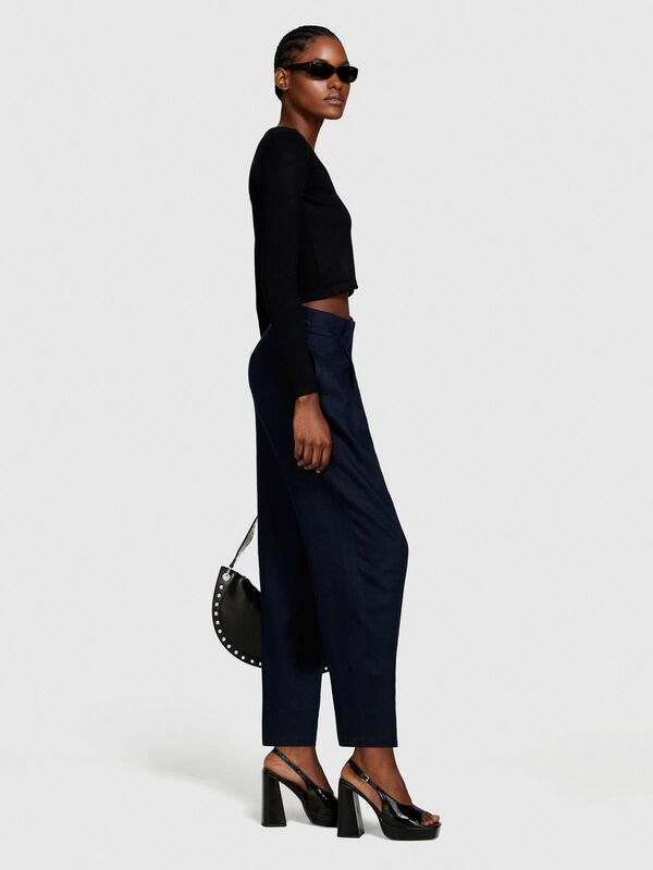 %100 Keten Gizli Düğmeli Yüksek Bel Pantolon Kadın Lacivert Pantolon - 324P4AGHLF04Y