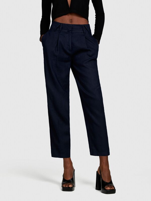 %100 Keten Gizli Düğmeli Yüksek Bel Pantolon Kadın Lacivert Pantolon - 324P4AGHLF04Y