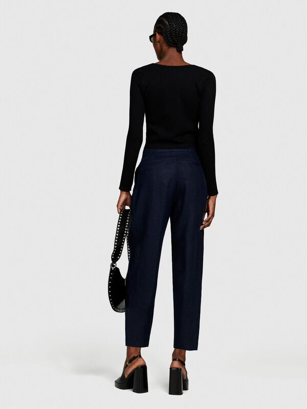 %100 Keten Gizli Düğmeli Yüksek Bel Pantolon Kadın Lacivert Pantolon - 324P4AGHLF04Y