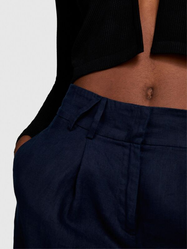%100 Keten Gizli Düğmeli Yüksek Bel Pantolon Kadın Lacivert Pantolon - 324P4AGHLF04Y
