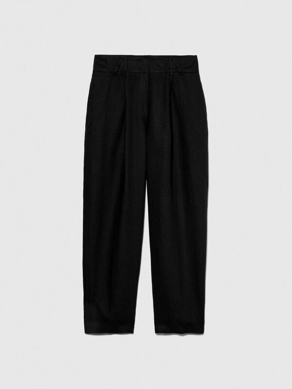 %100 Keten Gizli Düğmeli Yüksek Bel Pantolon Kadın Siyah Pantolon - 324P4AGHLF04Y