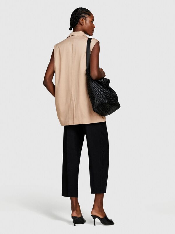 %100 Keten Gizli Düğmeli Yüksek Bel Pantolon Kadın Siyah Pantolon - 324P4AGHLF04Y