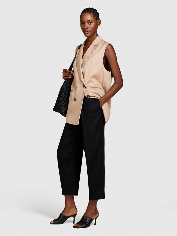 %100 Keten Gizli Düğmeli Yüksek Bel Pantolon Kadın Siyah Pantolon - 324P4AGHLF04Y