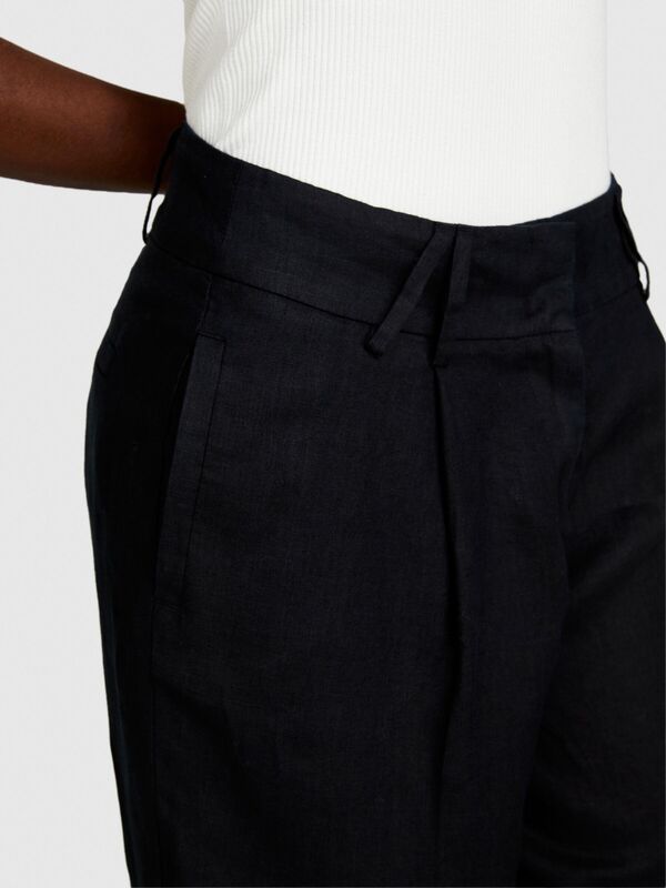 Sisley - %100 Keten Gizli Düğmeli Yüksek Bel Pantolon Kadın Siyah Pantolon - 324P4AGHLF04Y